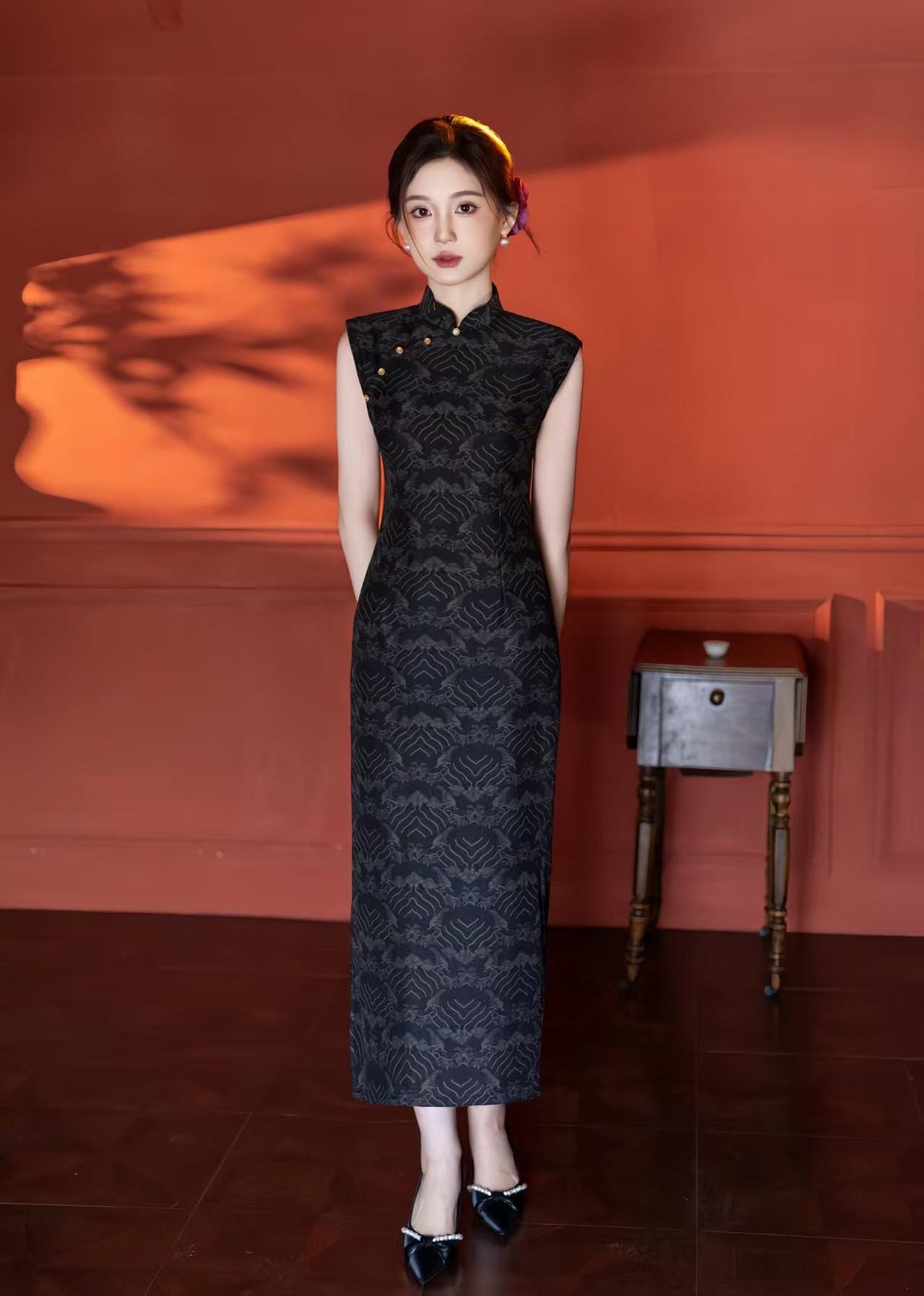 Women's Vintage Qipao Cheongsam Dress – Gold Mesh Printed – additional product view