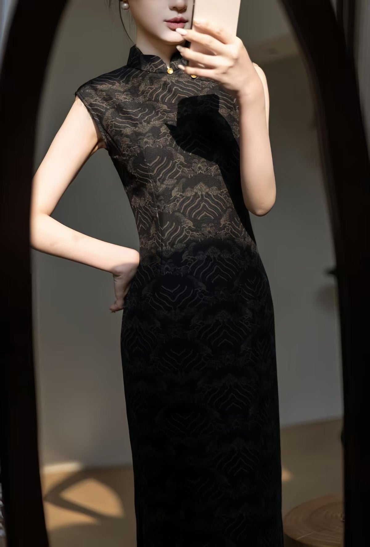 Women's Vintage Qipao Cheongsam Dress – Gold Mesh Printed – additional product view