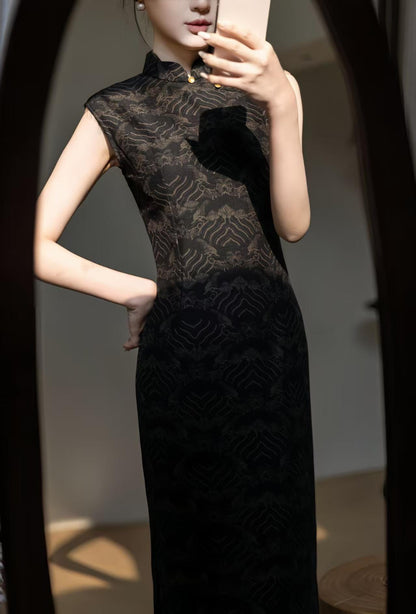 Women's Vintage Qipao Cheongsam Dress – Gold Mesh Printed – additional product view