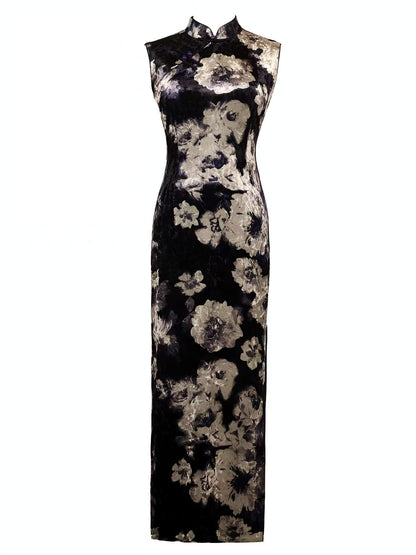 Women's Floral Velvet Qipao Cheongsam Dress – Sleeveless Midi – additional product view