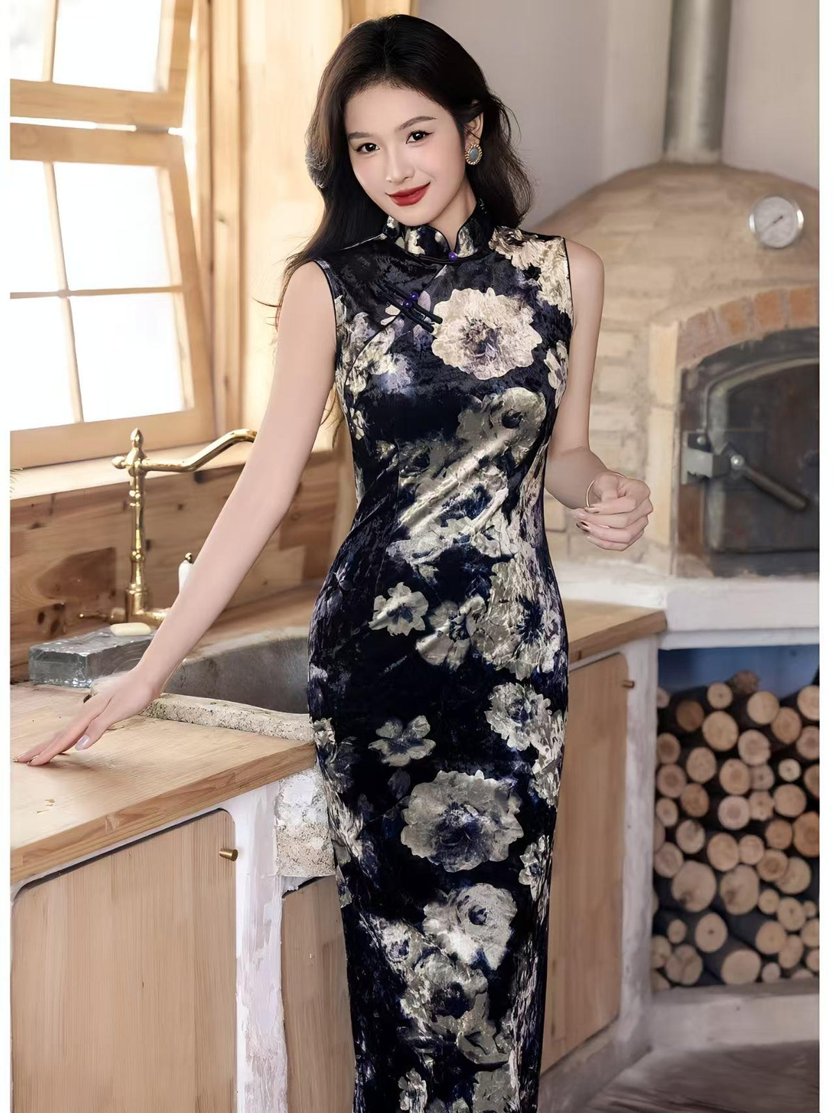 Women's Floral Velvet Qipao Cheongsam Dress – Sleeveless Midi – additional product view