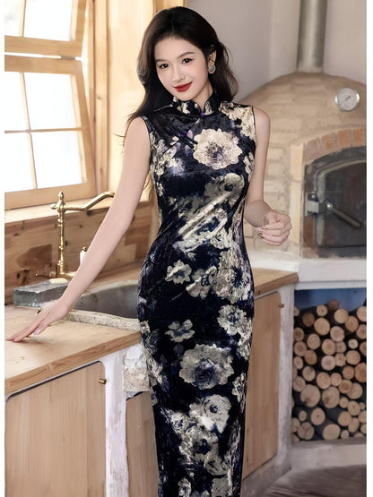 Women's Floral Velvet Qipao Cheongsam Dress – Sleeveless Midi – additional product view
