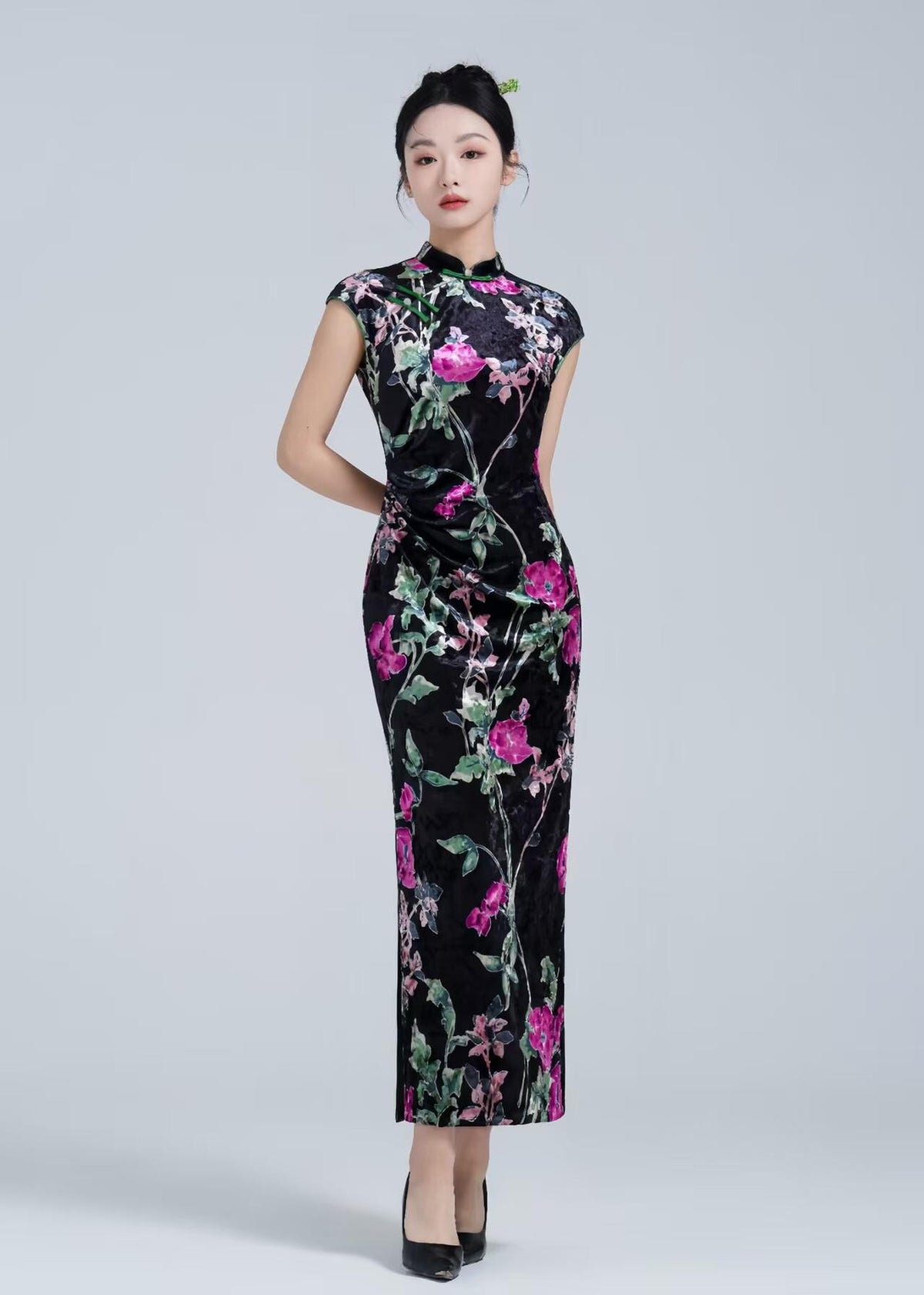 Women's Black Floral Velvet Qipao Cheongsam Dress – Peony – additional product view