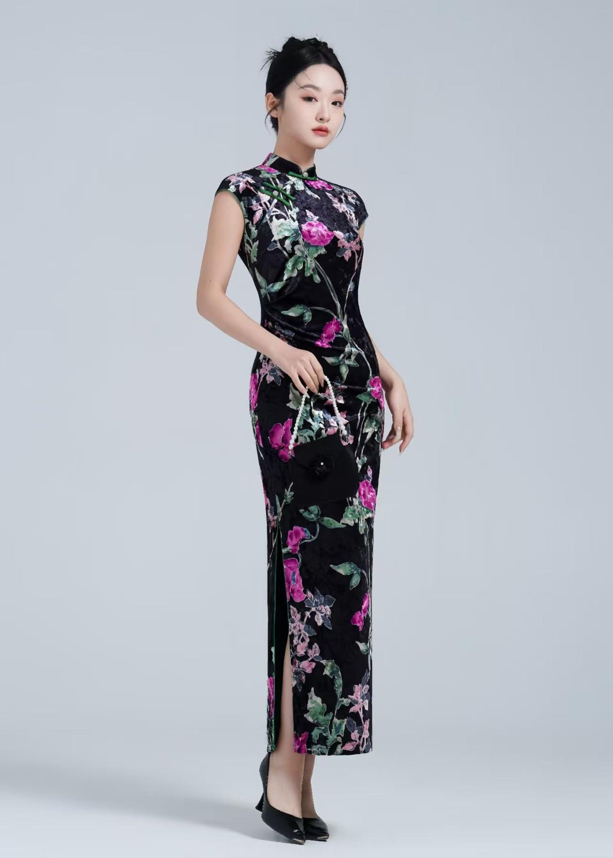 Women's Black Floral Velvet Qipao Cheongsam Dress – Peony – additional product view