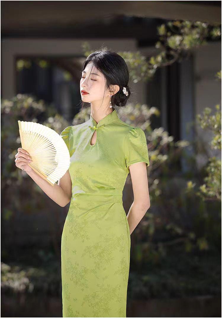 Women's Green Jacquard Qipao Cheongsam Dress – additional product view