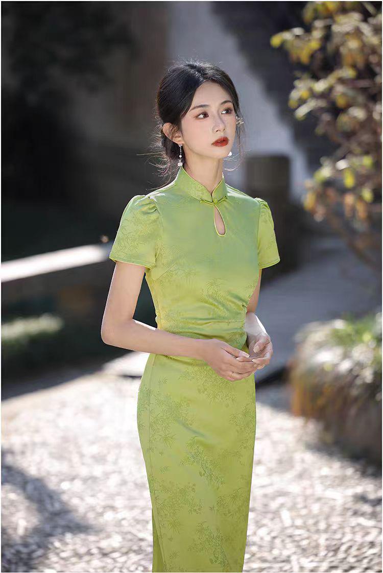 Women's Green Jacquard Qipao Cheongsam Dress – additional product view