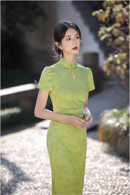 Women's Green Jacquard Qipao Cheongsam Dress – additional product view