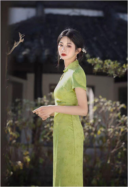 Women's Green Jacquard Qipao Cheongsam Dress – additional product view