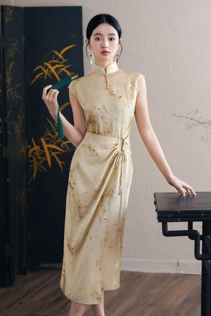 Women's Jacquard Qipao Cheongsam Dress – Beige Sleeveless – additional product view