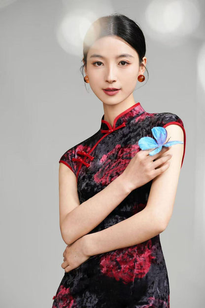 Women's Pink Elegant Velvet Qipao Cheongsam Dress – additional product view