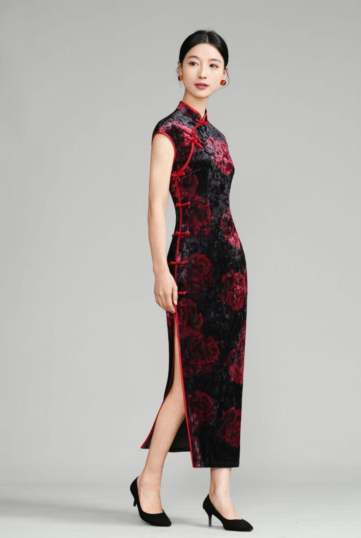 Women's Pink Elegant Velvet Qipao Cheongsam Dress – additional product view