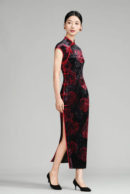 Women's Pink Elegant Velvet Qipao Cheongsam Dress – additional product view