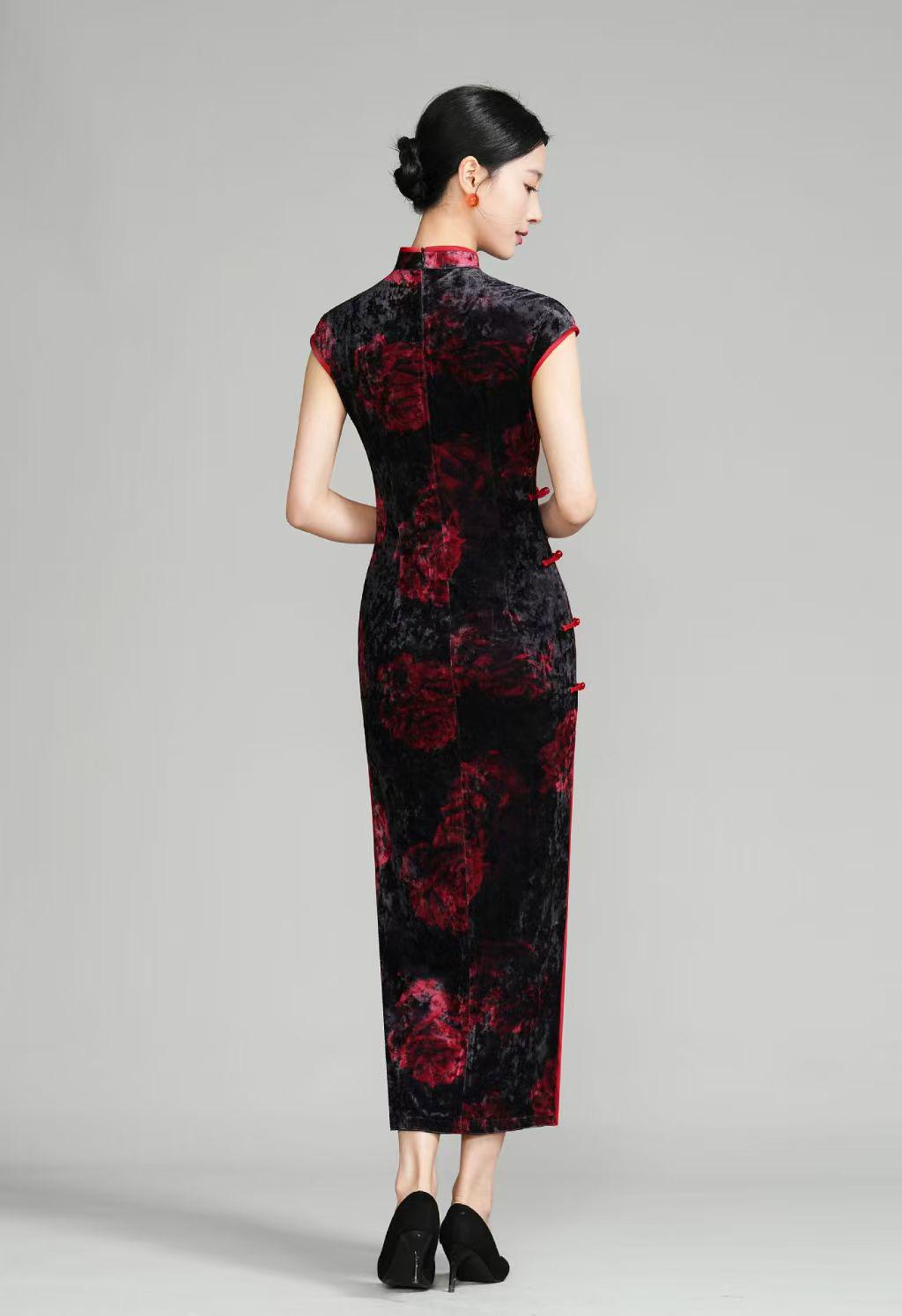 Women's Pink Elegant Velvet Qipao Cheongsam Dress – additional product view
