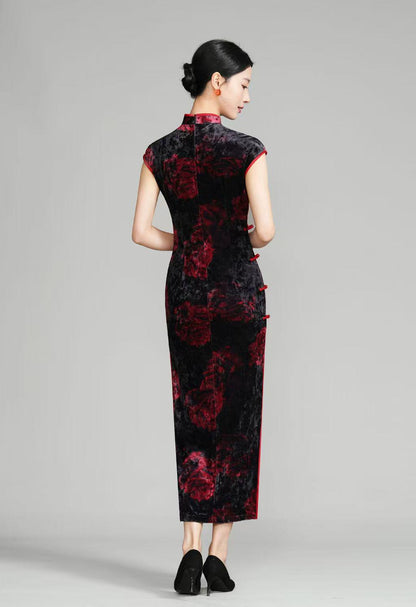 Women's Pink Elegant Velvet Qipao Cheongsam Dress – additional product view