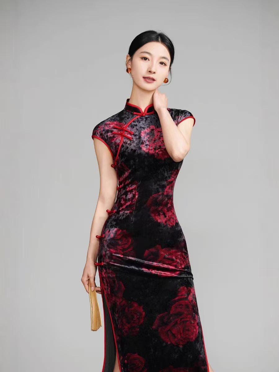 Women's Pink Elegant Velvet Qipao Cheongsam Dress – additional product view