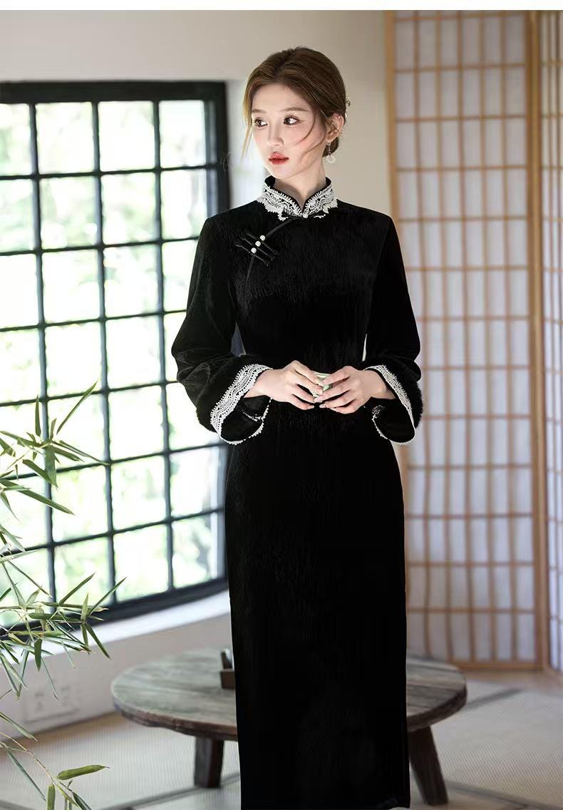 Women's Black Elegant Velvet Qipao Cheongsam Dress – Long Sleeve – additional product view