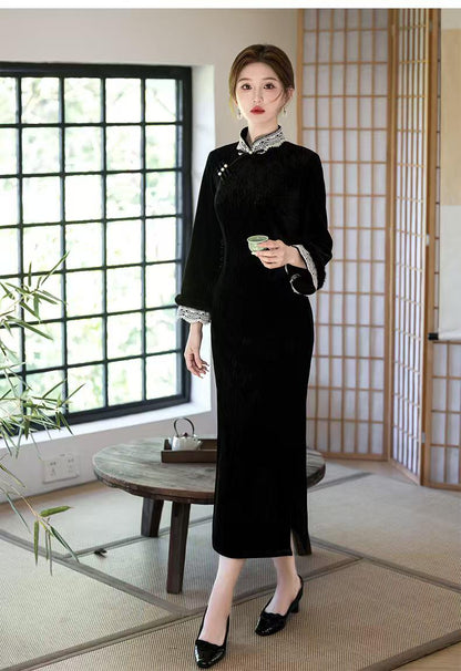 Women's Black Elegant Velvet Qipao Cheongsam Dress – Long Sleeve – additional product view
