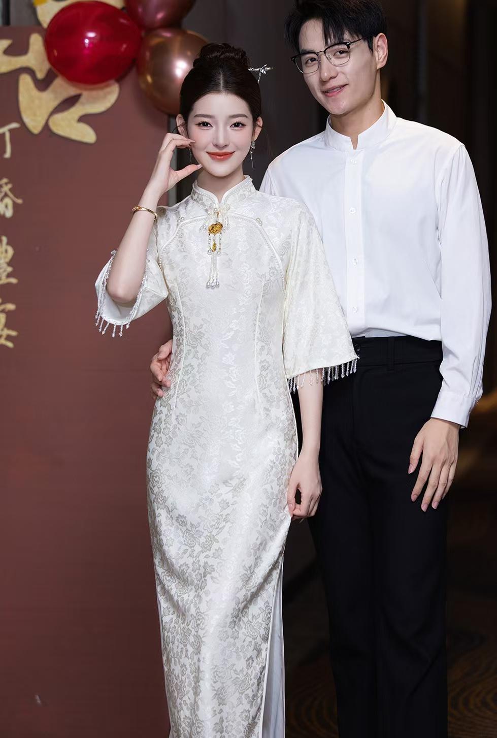 Women's White Elegant Qipao Cheongsam Dress – Jacquard – additional product view