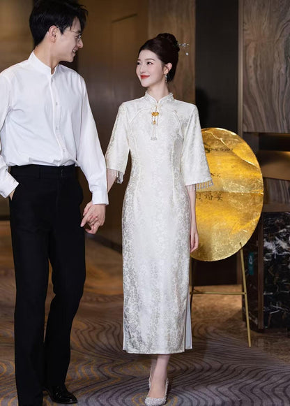 Women's White Elegant Qipao Cheongsam Dress – Jacquard – additional product view