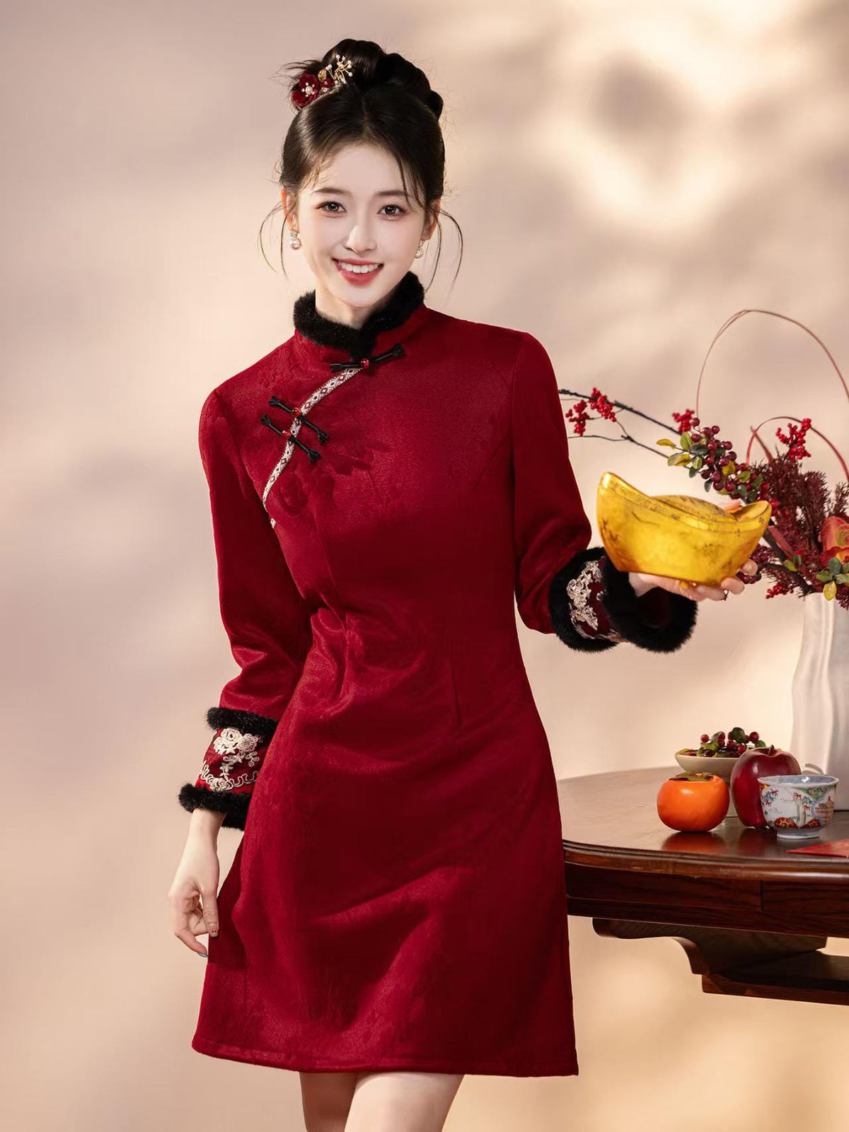Women's Red Embroidered Qipao Cheongsam Dress – Chenille – additional product view