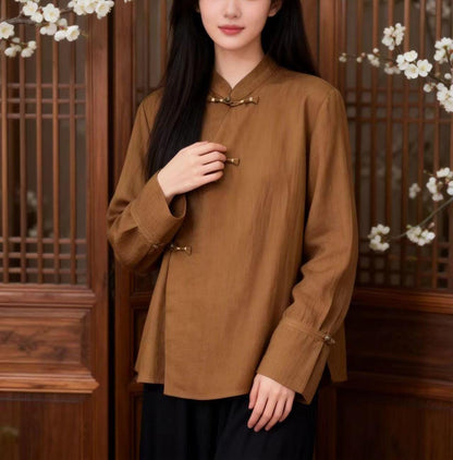 Women's Vintage Chinese Style Blouse – Linen Mandarin Collar – additional product view