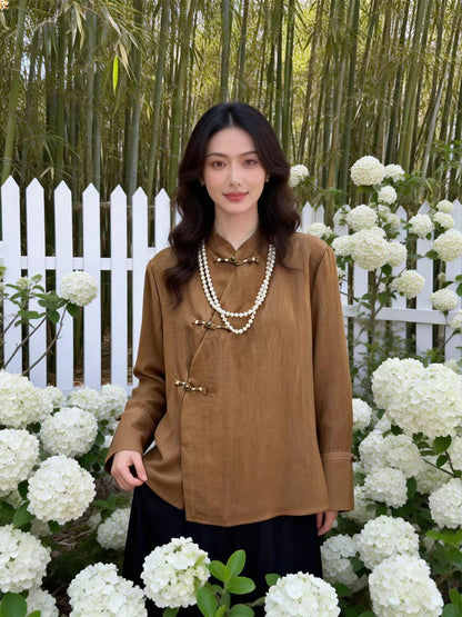Women's Vintage Chinese Style Blouse – Linen Mandarin Collar
