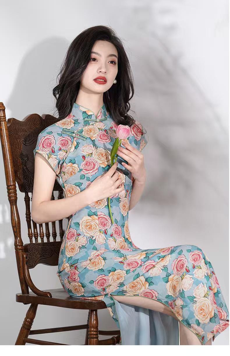 Women's Floral Qipao Cheongsam Dress – Chiffon – additional product view