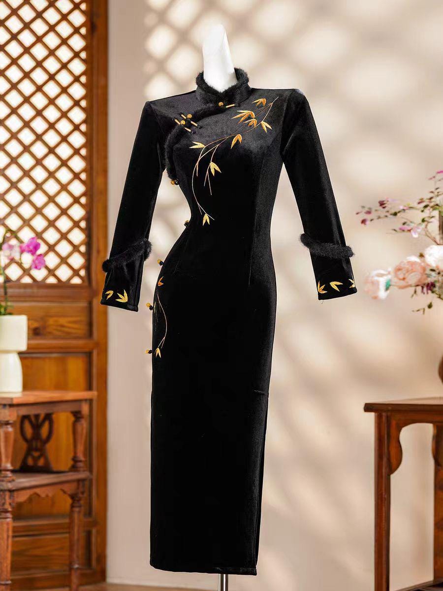 Women's Vintage Qipao Cheongsam Dress – Velvet Embroidered – additional product view
