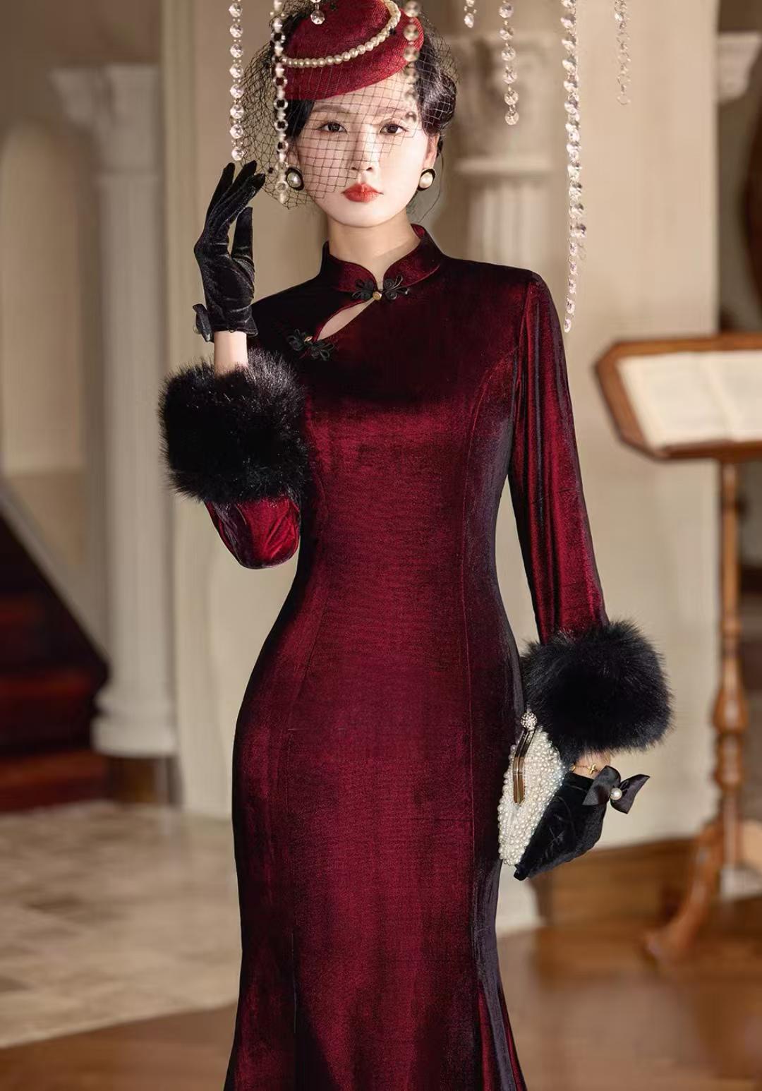 Women's Vintage Velvet Qipao Cheongsam Dress – Burgundy Mermaid – additional product view