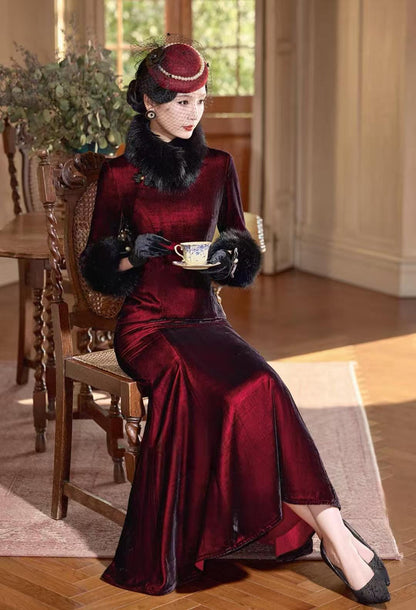 Women's Vintage Velvet Qipao Cheongsam Dress – Burgundy Mermaid – additional product view