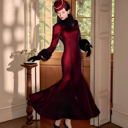 Women's Vintage Velvet Qipao Cheongsam Dress – Burgundy Mermaid