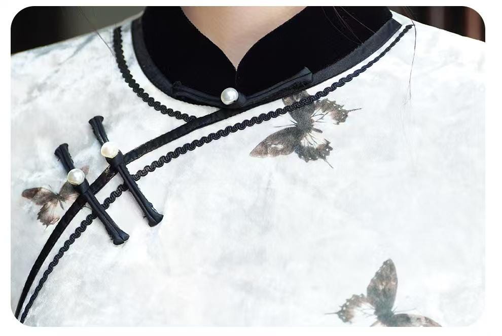 Women's White Vintage Velvet Qipao Cheongsam Dress – additional product view