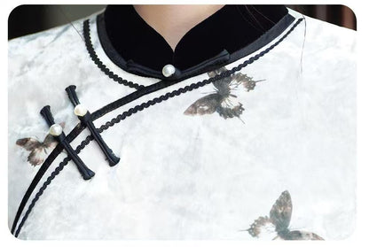 Women's White Vintage Velvet Qipao Cheongsam Dress – additional product view