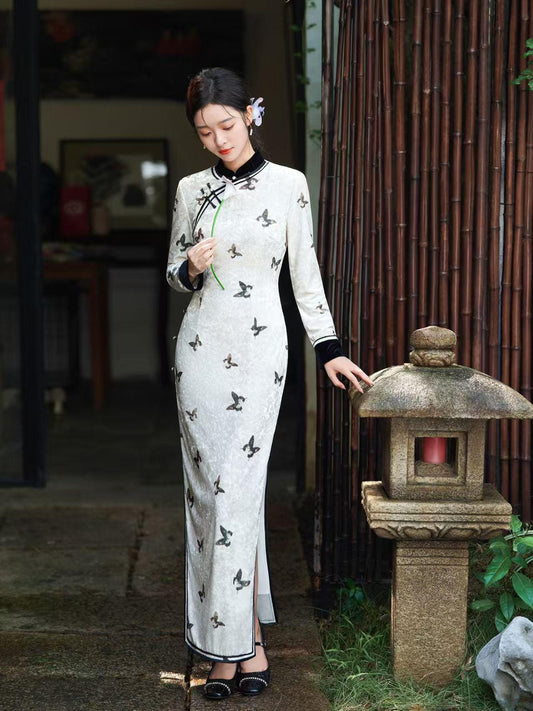 Women's White Vintage Velvet Qipao Cheongsam Dress