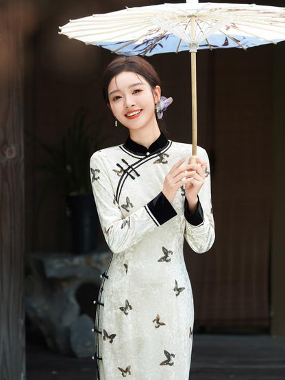 Women's White Vintage Velvet Qipao Cheongsam Dress – additional product view