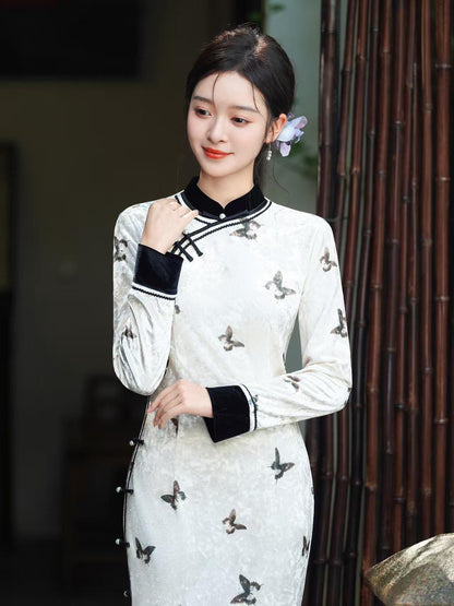 Women's White Vintage Velvet Qipao Cheongsam Dress – additional product view