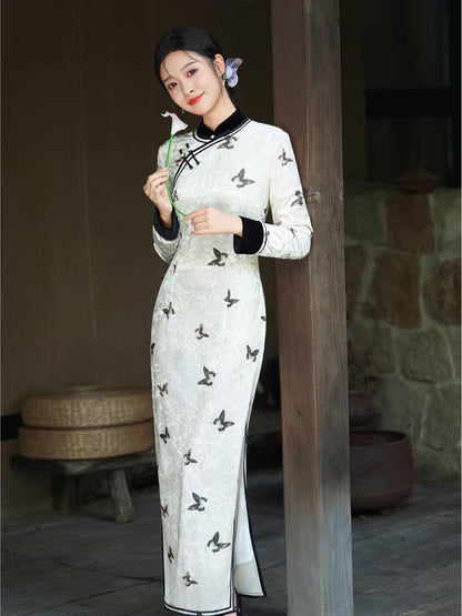 Women's White Vintage Velvet Qipao Cheongsam Dress – additional product view