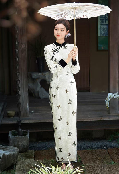 Women's White Vintage Velvet Qipao Cheongsam Dress – additional product view