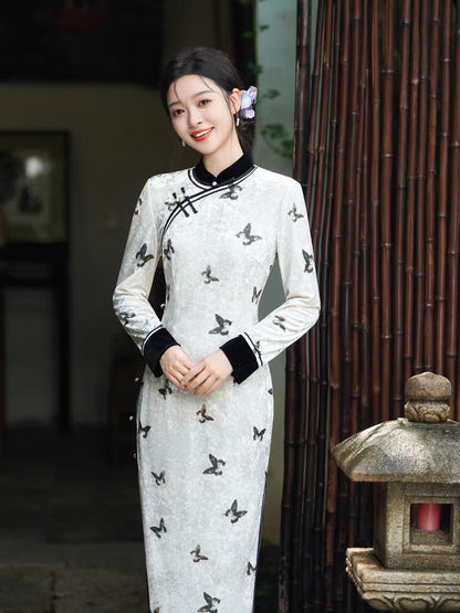 Women's White Vintage Velvet Qipao Cheongsam Dress – additional product view