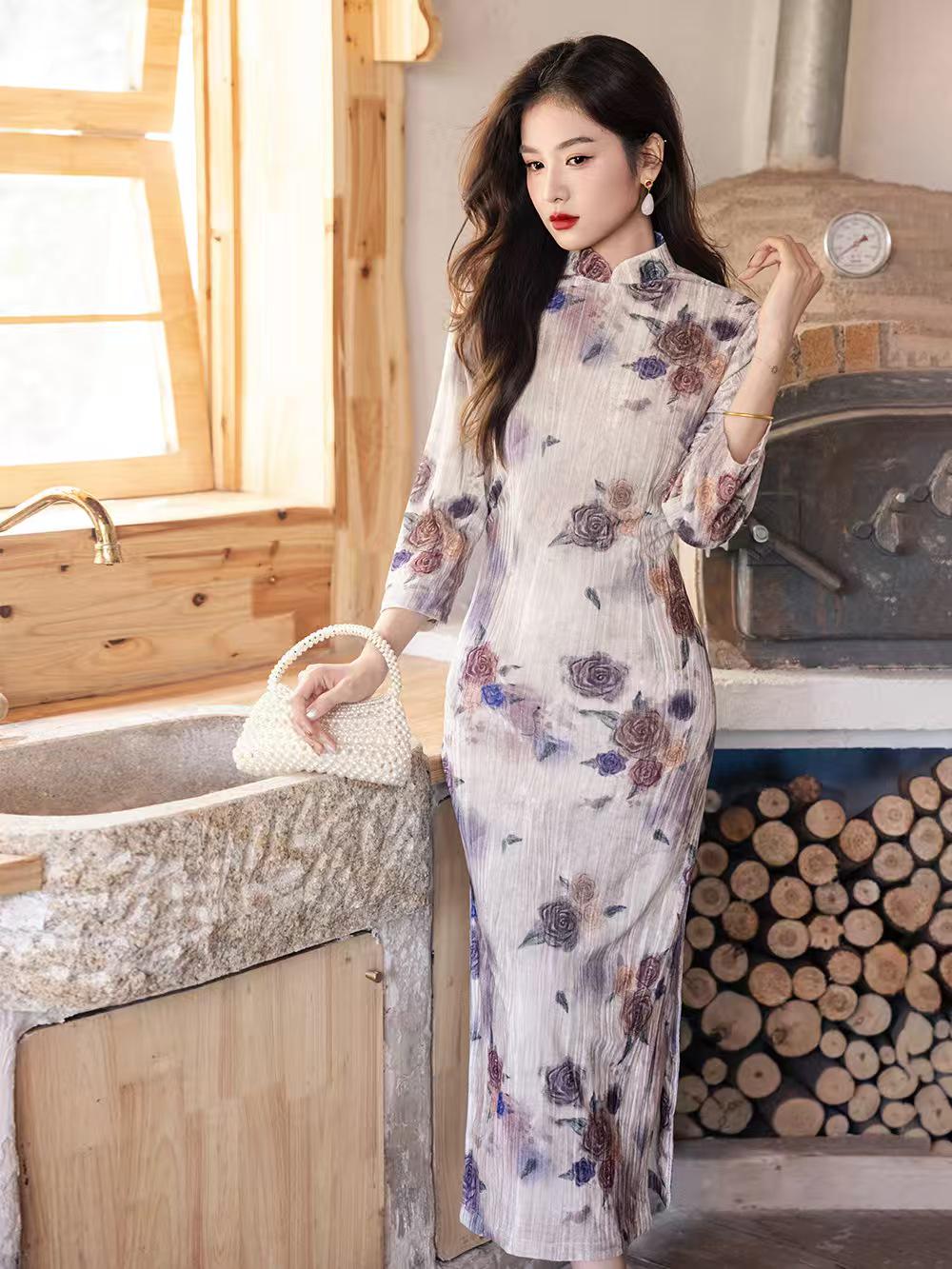 Women's Floral Qipao Cheongsam Dress – Winter – additional product view