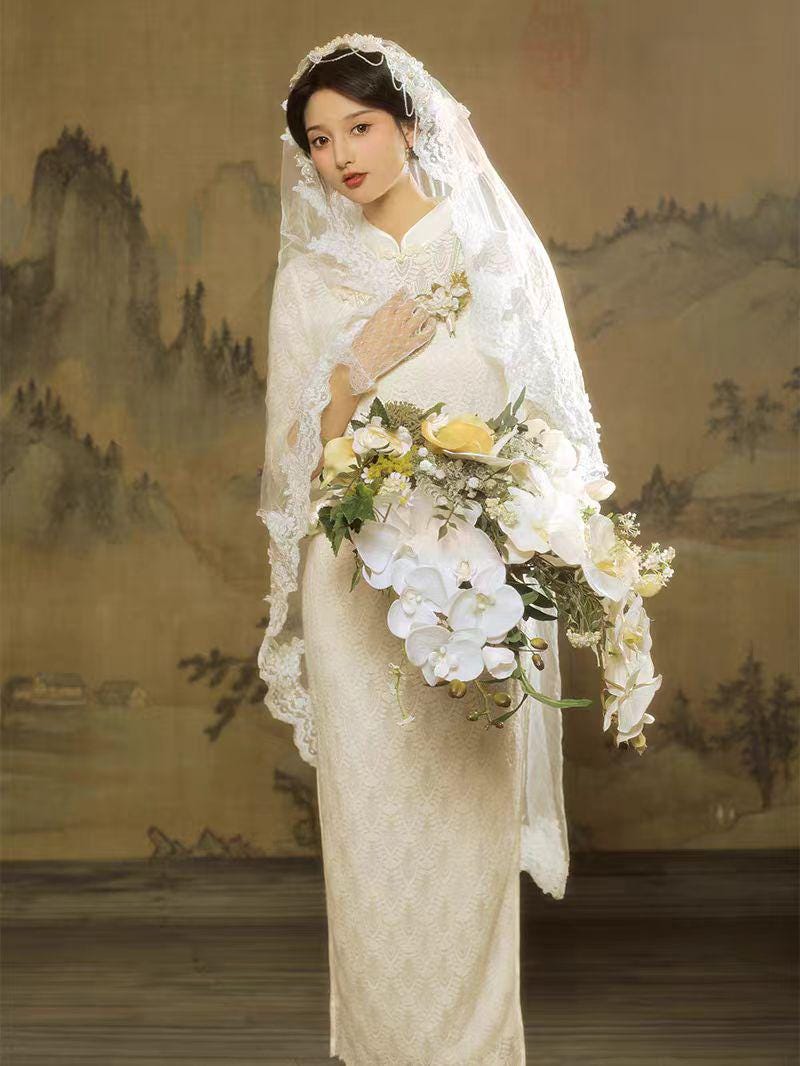 Women's White Vintage Lace Qipao Cheongsam Dress – additional product view