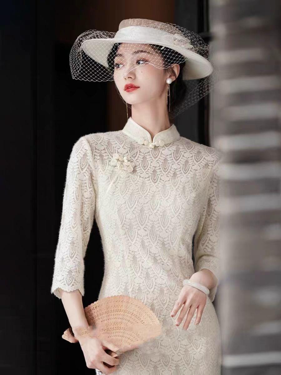 Women's White Vintage Lace Qipao Cheongsam Dress – additional product view
