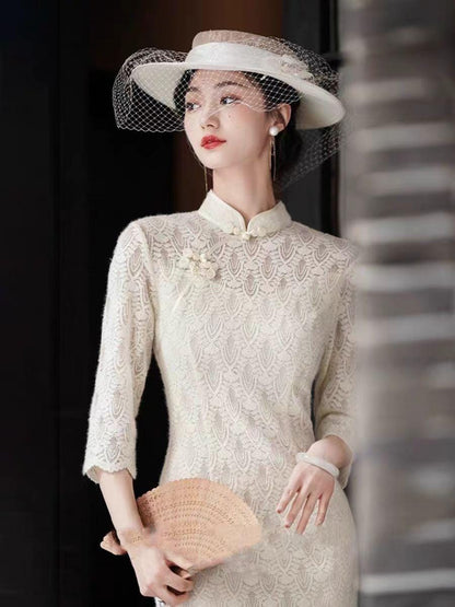Women's White Vintage Lace Qipao Cheongsam Dress – additional product view