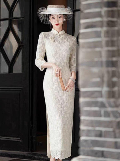Women's White Vintage Lace Qipao Cheongsam Dress – additional product view