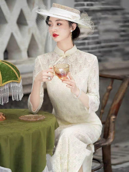 Women's White Vintage Lace Qipao Cheongsam Dress – additional product view
