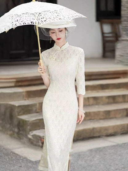Women's White Vintage Lace Qipao Cheongsam Dress