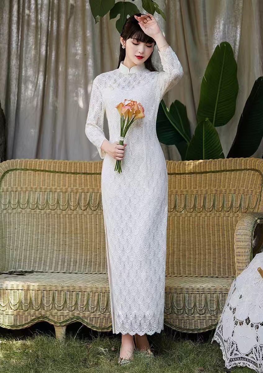 Women's White Vintage Lace Qipao Cheongsam Dress – additional product view