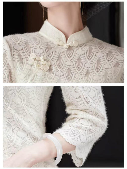 Women's White Vintage Lace Qipao Cheongsam Dress – additional product view