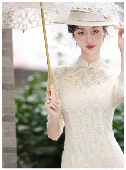 Women's White Vintage Lace Qipao Cheongsam Dress – additional product view