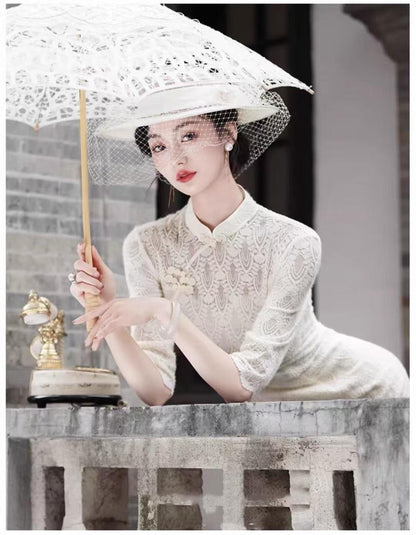 Women's White Vintage Lace Qipao Cheongsam Dress – additional product view
